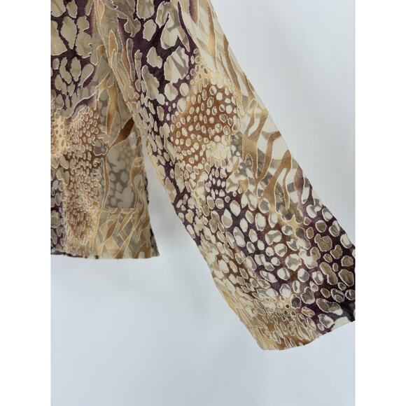 Bamboo Traders Button Up Shirt Womens Large Gold Brown Sheer Flax Animal Print - Picture 4 of 16